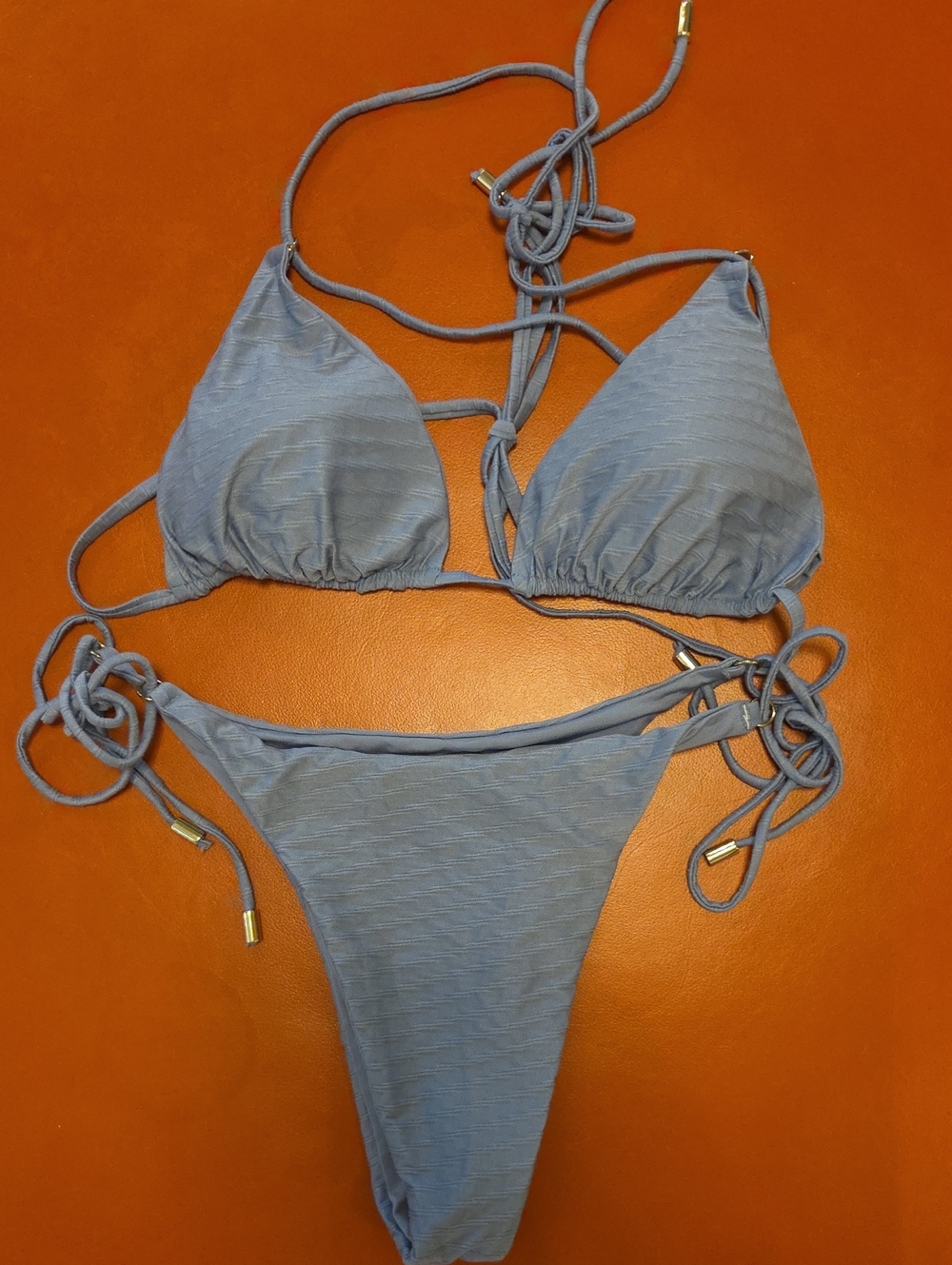 Monday Swimwear Powder Blue Ribbed Triangle Tie-Side Bikini Gold Sz V XL 12-14